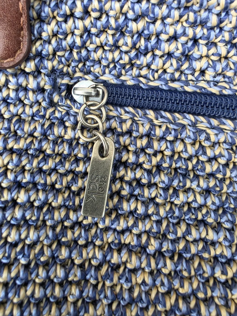 The Sak Blue Woven Shoulder Bag with Brown Handles